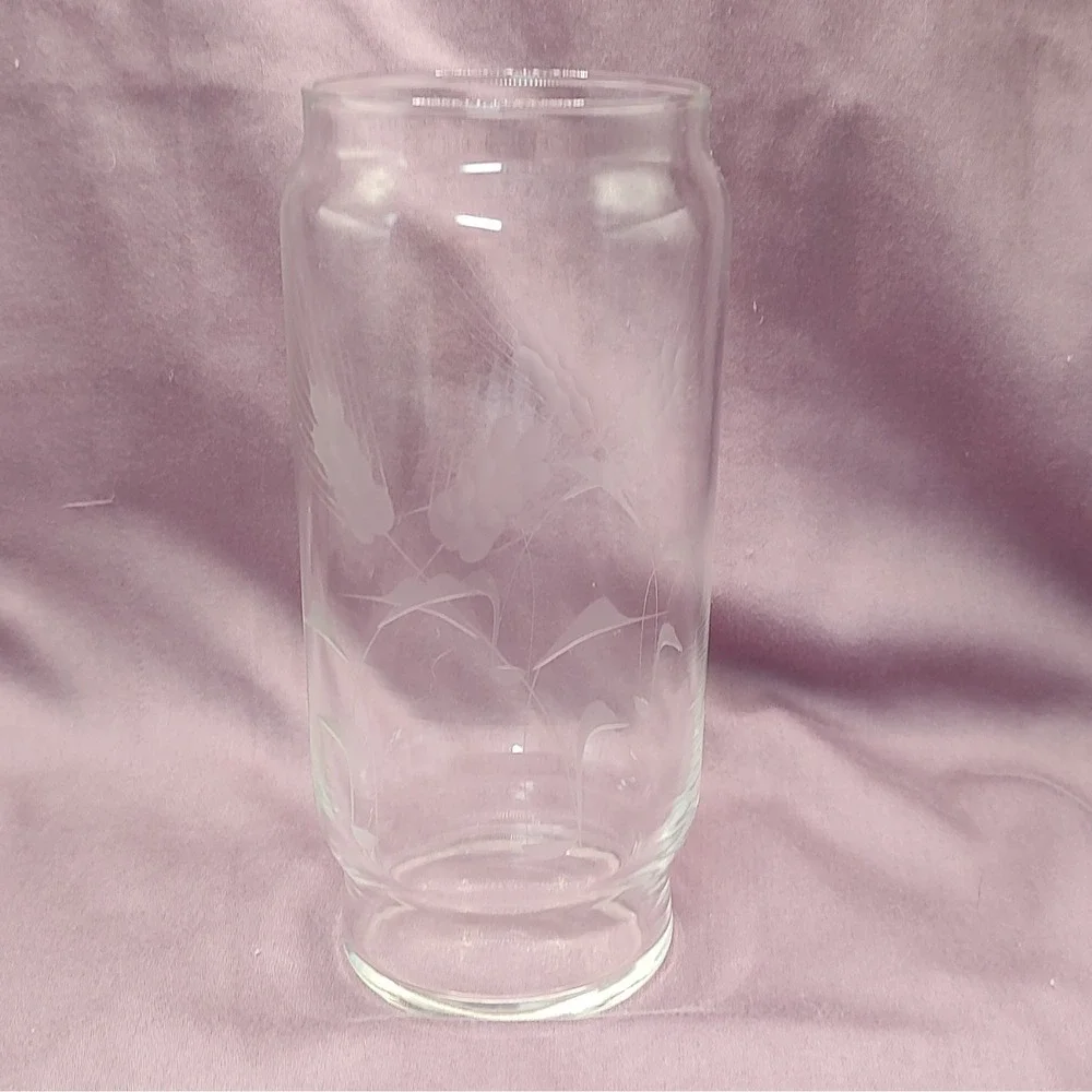 Vintage Clear Glass Vase Etched‎ Wheat Both Sides Cylinder Seven Inches 1970s